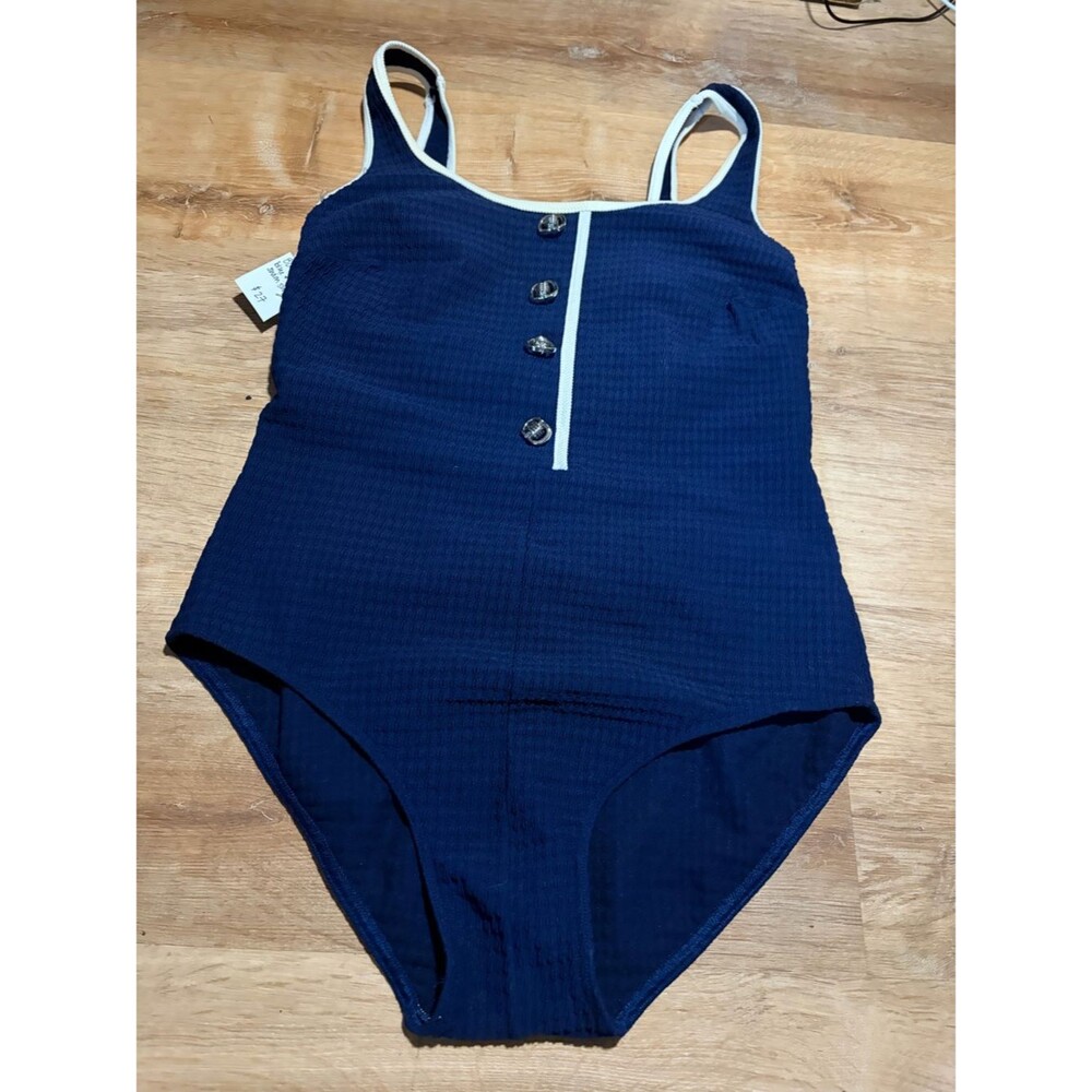 Vintage 80s Navy Textured One-Piece Swimsuit Decorative Buttons